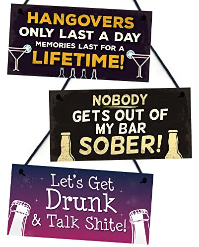Red Ocean Funny Hanging Bar Signs 3 Pieces Bundle, Bar Signs For Home Bar, Novelty Bar Accessories For Home Pub/Man Cave or Garden Bar, Alcohol Gifts Signs