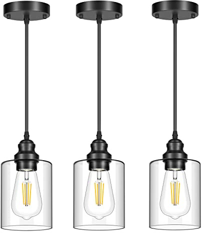 Licperron 3 Pack Hanging Pendant Lighting Fixtures, Adjustable Black Hanging Ceiling Lamp with Clear Glass Shade, Modern Pendant Light for Kitchen Island, Dining Room, Bedroom, Hallway