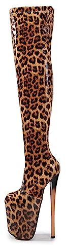 19 CM Tacones súper altos Estampado de leopardo elástico Botas altas hasta el muslo Charol Plataforma con cremallera fetiche sexy Bota sobre la rodilla Stripper Club Pole Zapatos de baile,Marrón,39