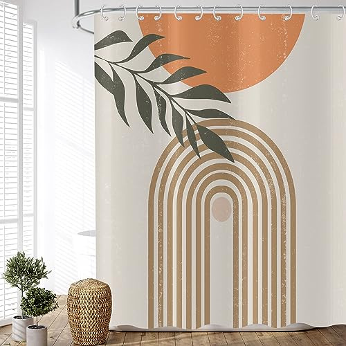 ASDCXZ Duschvorhang Boho Style 180x180 cm, Modern Abstrakt Kunst Blätter Sonne Linien Bogen Beige Bad Waschbar Duschvorhänge Polyester Textil Wasserdicht Duschvorhang für Badewanne mit 12 Haken