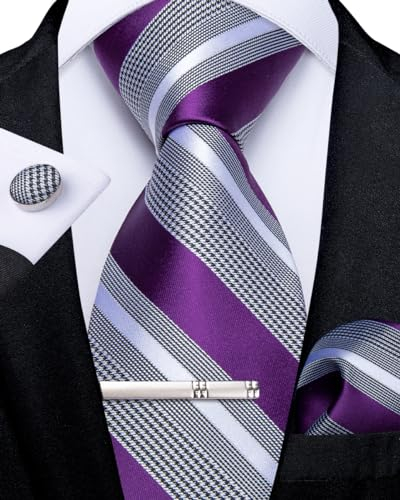 DiBanGu Conjunto de corbata de seda a rayas para hombre, corbata a cuadros con pañuelo de bolsillo, gemelos y clip de corbata para boda formal, morado y gris, Talla única