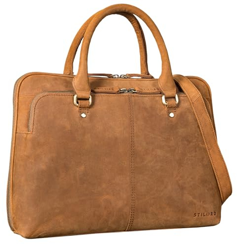 STILORD 'Celine' Schmale Businesstasche 13,3 Zoll Laptop-Tasche Damen Umhängetasche Herren Schultertasche Dokumententasche A4 für Büro Arbeitstasche, Farbe:tan - dunkelbraun
