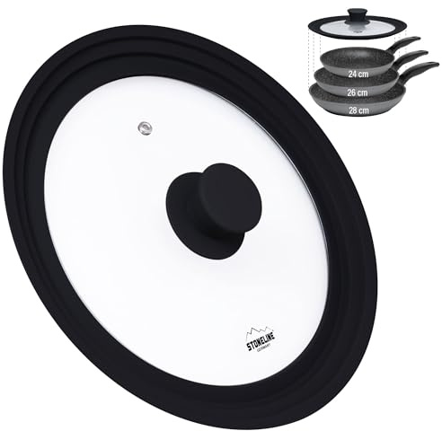 STONELINE 3 in 1 Universaldeckel für Töpfe und Pfannen mit 24/26/28 cm Universal Glasdeckel mit abgestuftem Silikonrand Platinsilikon, hitzebeständig platzsparend, 3 Größen, Schwarz