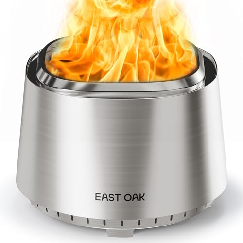 EAST OAK Feuerstelle, rauchfrei, 53,3 cm, Feuerstelle für den Außenbereich, 304 Edelstahl, Holzkamine, tragbare Lagerfeuerstelle mit Schürhaken, Ständer und abnehmbarem Aschekasten für Camping,