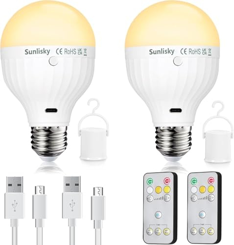 2 bombillas recargables USB-C con batería, 7 W E27, bombilla recargable de 2600 mAh con mando a distancia, 3 colores regulables con función de temporización, luz de emergencia para camping con gancho