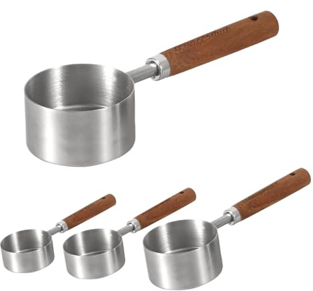 4pcs Pelle à Nourriture pour Chien, 4 Tailles et Capacité Tasse à Mesurer pour Nourriture pour Animaux avec Manche en Bois Tasse à Mesurer en Acier Inoxydable Avable au Lave-Vaisselle (Argent)