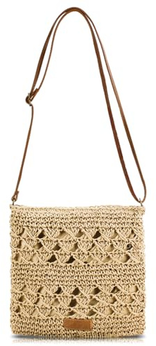 Bototack - Sac à main en paille d’été pour femme, petit sac de plage à bandoulière avec fermeture éclair et sangle réglable, sacs à épaule bohèmes tissés faits main pour les vacances à la plage et les