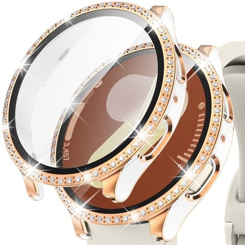 Kamita Diamant Skyddshölje Fodral Kompatibel med Samsung Galaxy Watch 7 44 mm, hårt PC Stötfångare Fodral med 9H Härdat Glas Glitter Skärmskydd för Galaxy Watch7 (Vit-Rose Gold)