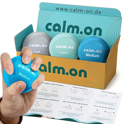 Calm.on® Antistressball Set für Erwachsene | Handtrainer für Therapie & Griffkraft | Knetball Set in 3 Stärken inkl. 12 Übungen gegen Stress.