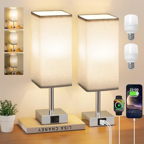 Aooshine Touch Control Bedside Lamps Set of 2, Touch Lamps with USB-C+A Charging Ports, 3-Way Dimmable Table Lamps for Bedroom with Grey Fabric Shade(Bulbs Included)