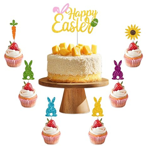 Easter Cake Decorations,1 Big Glitter Easter Cake Toppers,6Pcs Easter Bunny Cupcake Toppers,Happy Easter Birthday Party Supplies Rabbit Ears Carrot Flower Eggs Easter Cupcake Decorations
