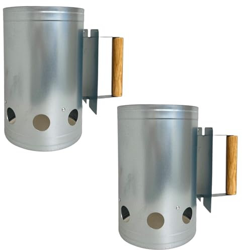 HAC24 2 x Chimeneas de encendido XL de acero, mango de madera con escudo de calor, carbón para barbacoa, encendedor de carbón