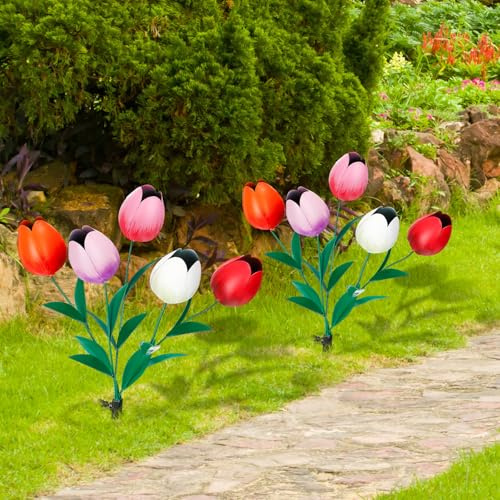CroBlissful 2 Pack Metal Tulips Stake Outdoor Flowers for Spring Outdoor Decorations Bouquet of Poppy Flower Garden Stakes Metal Yard Decoration Rustic Handcrafted Items for Fence