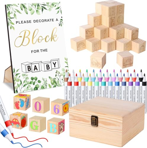 Pydeeirom Baby Shower Blocks Game Set with Wooden Box, Acrylic Markers & Wooden Sign for Baby Shower Games, Gender Reveal & Decorations (GreenLeaves)