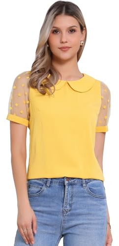 Allegra K Women's Vintage 1940s Blouses, Polka Dots Blouse, Peter Pan Collar Top, Short Sleeves Tops Dark Yellow M