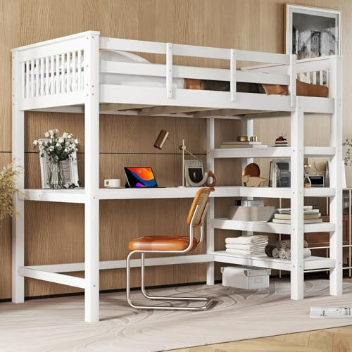 KOMHTOM Lit en Mezzanine en Bois avec Compartiments de Rangement, Cadre de Lit avec Bureau sous Le lit, Support à Lattes, Chambres à Coucher, Pin(sans Matelas) (Blanc-90x200cm)