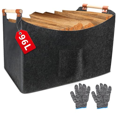 WJMY Panier en bois de cheminée XXL en feutre (96 l, 60 x 40 x 40 cm), panier pliable avec poignée en bois