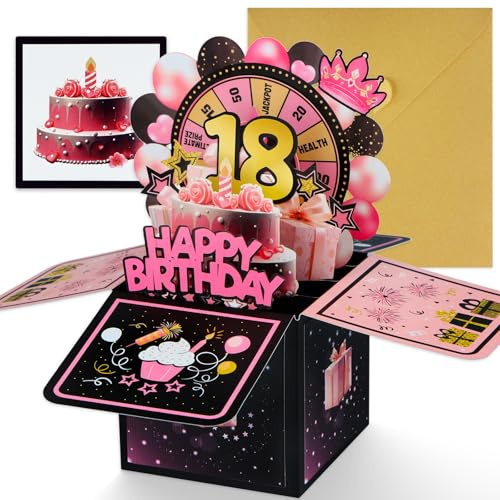 DISJOURNEY 18.Geburtstagskarte - 3D Pop Up Karte Geburtstag mit Umschlag - Happy Birthday Karte - Kreative Geschenke-Karte zum 18. Geburtstag Party Jubiläum für Mädchen Junge