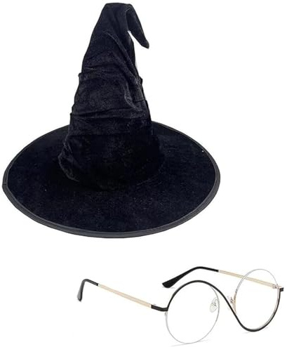 CPRNQY Hexenhut Damen, Hexen Kostüm Damen Set, 1 Schwarze Goldene Asymmetrische Brille und 1 Raffinierter Hexenhut, Halloween Karneval Cosplay Party Zubehör, Ideal für Partys