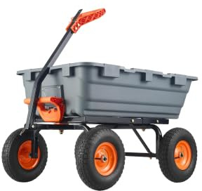 Garden Dump Cart, Heavy Duty 4 Wheel Wheelbarrow with 25Cm All Terrain Wheels, 180° Adjustable Handle & Plastic Tray, Utility Yard Dump Wagon for Gardening, Lawn, Grey