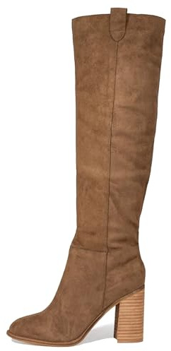 Erocalli Suede Knee-High Boots, Brown Fall Boot For Women Chunky Block High Heel Slouchy Boot Round Toe Side Zipper