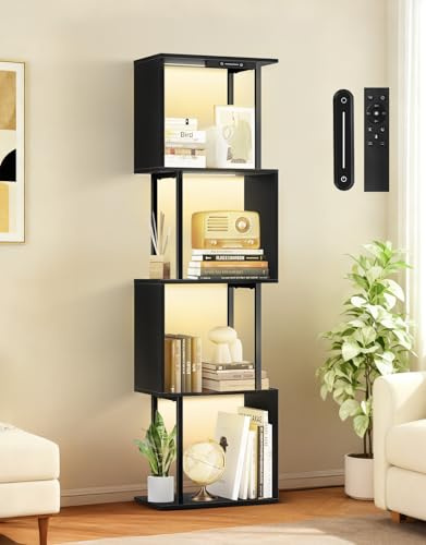 OUTONLIFE 5 Tier S-Shaped Geometric Bookshelf with LED Light, 3 Color Temperatures, Touch & Remote Control, Dimmable Standing Bookcase, Small Display Shelf for Living Room, Bedroom, Office(Black)