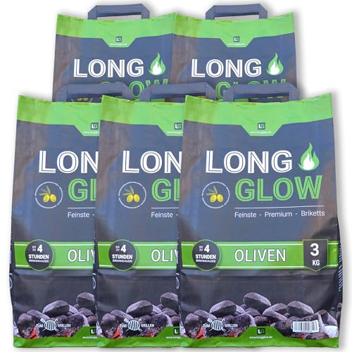 Long Glow® Grillbriketts 15 kg Oliven Premium Briketts - bis 4h Brenn- & Glutdauer - nachhaltige Grillkohle mit hoher Hitze für Grill, Smoker, Pizzaofen & Dutch Oven | 5 x 3 kg | Energie Kienbacher
