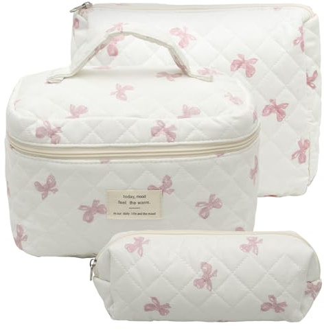 3-teilige Kulturbeutel Kulturtasche Damen,Baumwoll-Kosmetiktasche mit Griff und Reißverschluss,Asthetisches Kosmetiktasche Set mit Blumenmuster,Reise-Kosmetiktaschen für Frauen und Mädchen(Rosa)