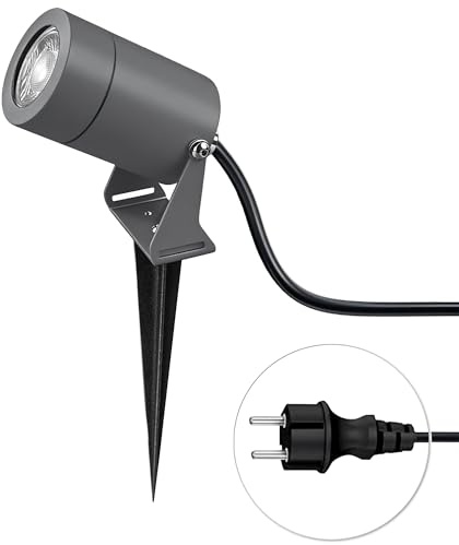 JNR Edelstahl LED Gartenbeleuchtung mit Strom und Erdspieß, Anthrazit | IP65 Wasserdicht Gartenlampen für Draußen Strom mit 2M Kabel mit Stecker, Gartenleuchten 5W GU10 3000K Warmweiß Glühbirne