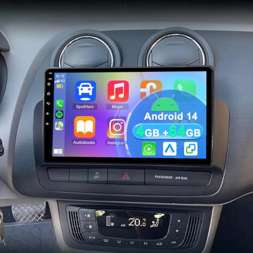 9 inch Android 14 Car Stereo for Seat Ibiza 2009-2013, 4+64GB Touch Screen Display Radio Multimedia Player Head Unit with Carplay Android Auto GPS Navigation Bluetooth Wifi SWC Mirror Link