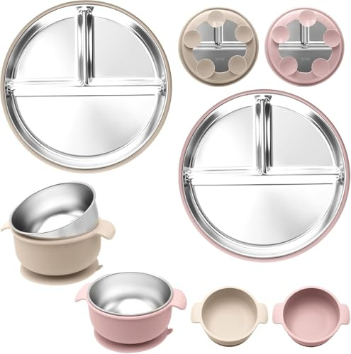 Nokwocy 2 Assiettes En Acier Inoxydable Avec Ventouse + 2 Bols En Acier Inoxydable Avec Ventouse, Avec Housse En Silicone Amovible, Lavables Au Lave-Vaisselle (PinkBeige)