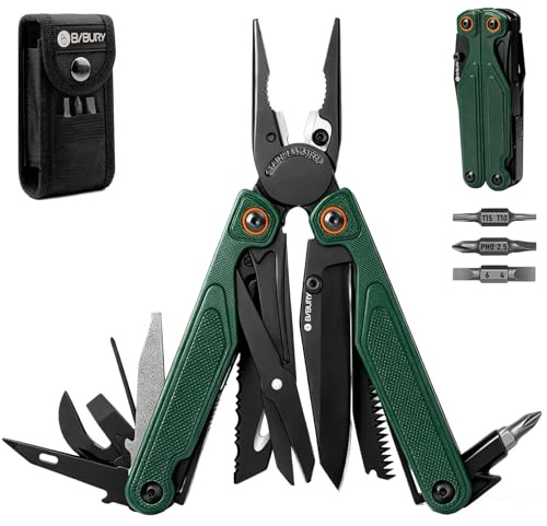 BIBURY Multiherramienta con Mango G10, Alicates Multiusos, Navaja Multiusos con Apertura con Una Mano, Tijeras y Puntas, EDC Multitool para Camping, Senderismo, Reparar y Regalo Hombre (Verde)