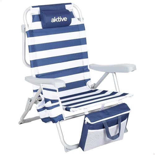 AKTIVE Silla de Playa Plegable, Marinera, Mide 48x58x80 cm, 5 Posiciones, Poliéster y Aluminio, Peso soportado 110 kg, Cojín, Bolsillos, Nevera, Transporte Mochila, Sillas Plegables (62469)