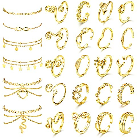 Bagues d'orteil Bracelet Cheville Femme Argent Or Bague de Pied Anneaux d'orteil Chaine de Cheville Imperméable Bague de Pied Réglable Chevilles Bracelets Ensemble Bijoux de Plage pour Femmes -G