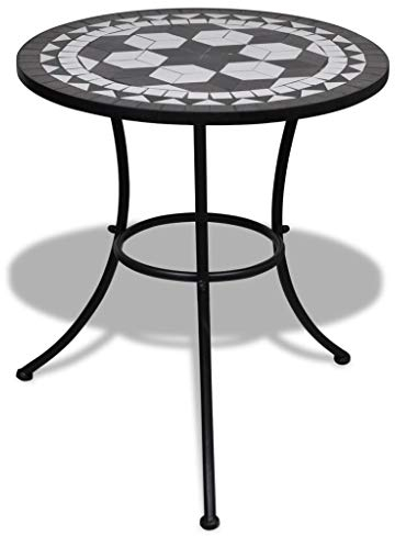 yorten Bord, mosaikbord med järnram, trädgårdsbord, rund, bistrobord, balkongbord, keramisk bordsskiva, 60 x 70 cm (Ø x H) svart + vit