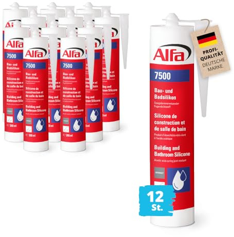 12x Alfa Sanitärsilikon 300 ml Anthrazit – Profi Bau- & Badsilikon (3,6 l) | Profi-Qualität – Essigsäurevernetzendes Silikon mit Pilzschutz - UV-beständig und dauerelastisch für Dehnungsfugen
