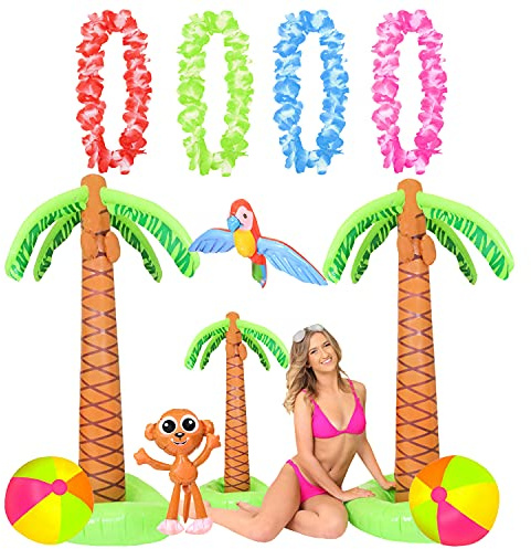 Deluxe sommar uppblåsbart tillbehör set – 2 x 15 cm palmträd, 3 fot palmträd, 2 x strandbollar, parrot, apa och 4 x Hawaiiansk leis – sommarkul strand pool fest fest klänning accessoarer dekorationer