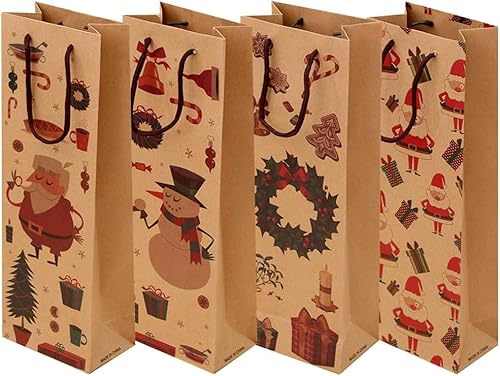 Yukiyi 12 Pcs Brown Kraft Paper Christmas Wine Bottle Gift Bags, Fits 750ml Bottles, 4 Christmas Patterns, Santa Claus, Snowman, Wreath, Bells Wrapping, Party Favors