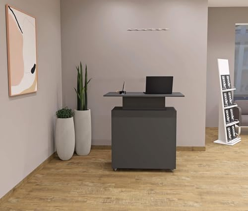 Aigentlich Verkaufstheke Ladentheke 108x60x111,5cm, Anthrazit | Rollbare Messetheke Infotheke aus Holz mit 7 Fächern und Schrank