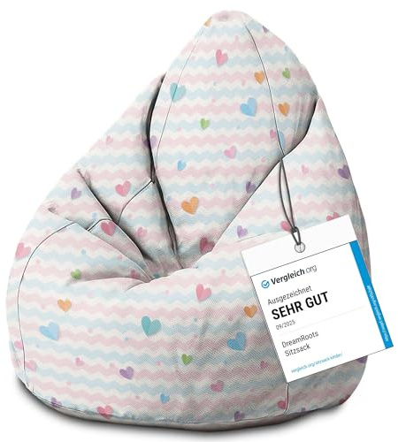 DreamRoots Sitzsack Kinder 70x70x105, Colorful Hearts | Bean Bag Kinder mit Lehne, Hocker & Bezug, Sitzkissen Boden, Bubibag, mit Füllung, Kinderzimmer