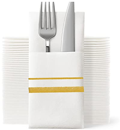SUZZYVINE Goldene Einweg-Servietten mit integrierter Bestecktasche, Stoffähnliche Lunch-Servietten für Hochzeit, Party, Leinen-Gefühl, 50 Stück, 40,6 x 40,6 cm