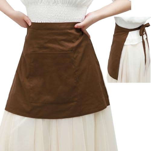 FURPHI Medieval Half Apron with Pockets Linen Waist Aprons Vintage Maid Waiter Costume (Brown)