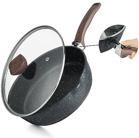 Kordisen Sartén profunda antiadherente con tapa, sartén de 28cm con mango de madera desmontable, revestimiento de piedra de granito para cocinar, utensilios de cocina de inducción, compatible