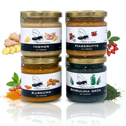 Gregas Imkerei Honig 4er i Booster – Cremiger Bienenhonig aus Familienimkerei mit Ingwer, Hagebutte, Spirulina Grün & Kurkuma verfeinert – Probier- & Geschenkset | 4x 250g