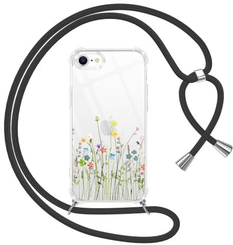 Yoedge Handyband Handyhülle für iPhone 8/7/SE 2020/SE 2022 4,7 Hülle mit Band, Silikon TPU + PC Stoßfest Schutzhülle mit Kordel zum Umhängen, Durchsichtig Case mit Aesthetic Muster, Blumen 2