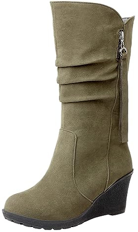 rismart Botas Slouch Mujer Media Pantorrilla Tacón Cuña Forro Fino de Piel Ante Zapatos de Invierno