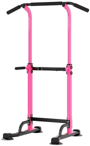 soges Barre de Traction Réglable sur Pied Chaise Romaine Ajustable pour Entraînement à Domicile Workout Dip Station Fitness Power Tower Physique Entraînement de Musculation Rose