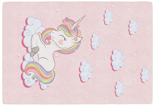 vidaXL Kinderteppich, Waschbar Spielteppich mit Einhorn Muster, Teppich Bodenteppich Pflegeleicht, Kurzflor Matte Vorleger Kinderzimmer, Rosa 160x230cm
