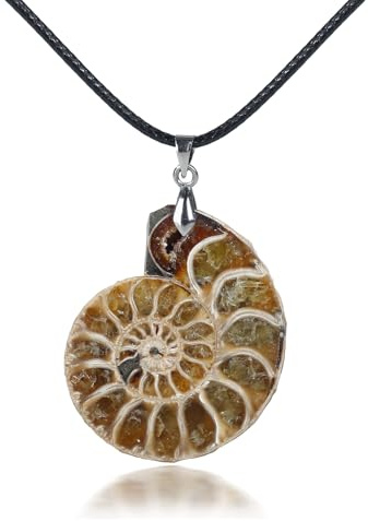 MAIGO Ammonite Spiral Stone Pendant with Adjustable Cord, Natural Conch Necklace, Snail Slice Pendant, Women's Fossil Jewellery Gift