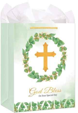 FLYAB Geschenktüte zur Erstkommunion für Kinder, Jungen, Mädchen, Goldkreuz, Geschenktüte mit Seidenpapier und Griffen, religiöse Taufe, Konfirmation, Geschenktüte